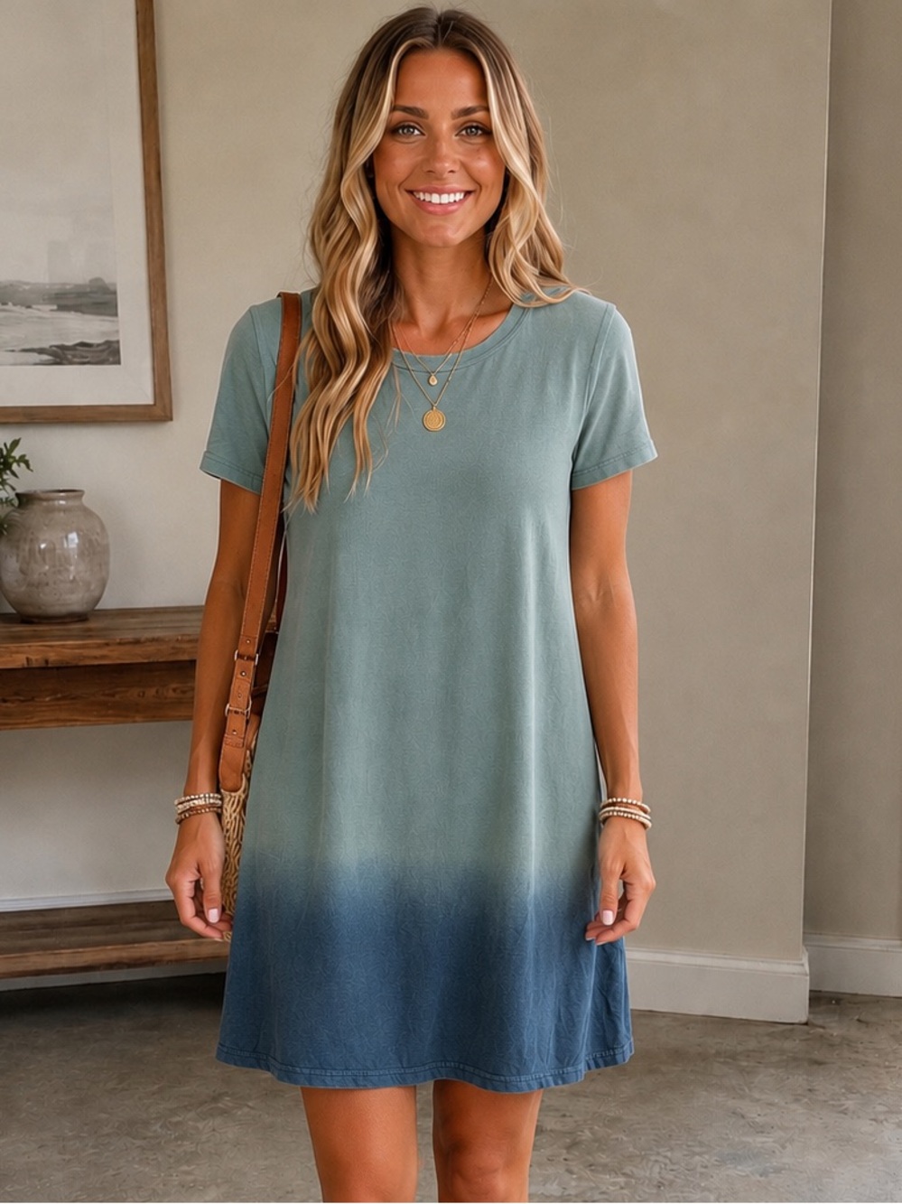 ROMWE Teal to Navy Gradient Short Sleeve Mini Dress Size L